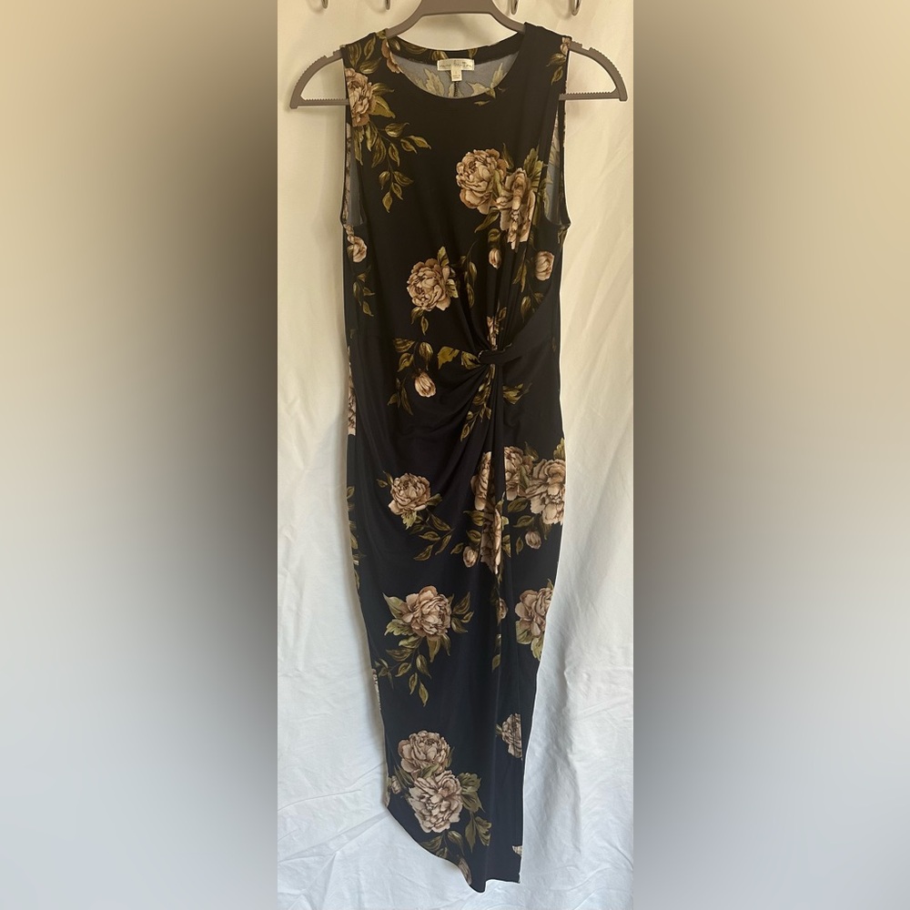 NINE BRITTON | Navy Floral Abigail Brushed Knit Fitted Midi Dress | Size L